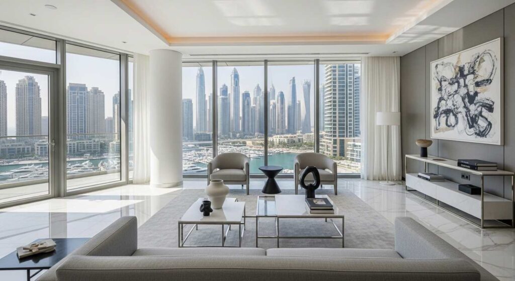 Interior render of a modern luxury apartment with floor-to-ceiling windows overlooking Dubai Marina.