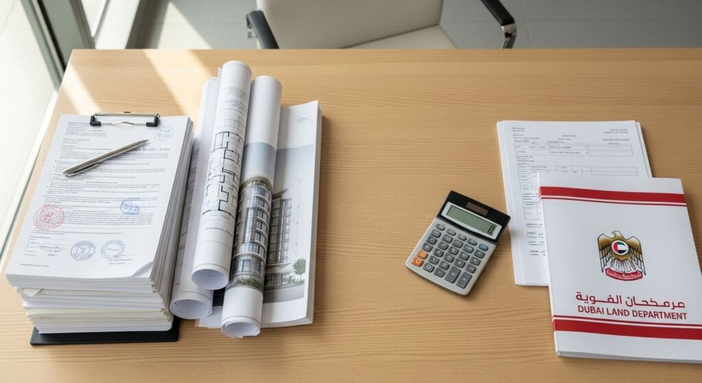 Off-plan property buying process in Dubai showing legal documents, contracts, and architectural plans for secure investment