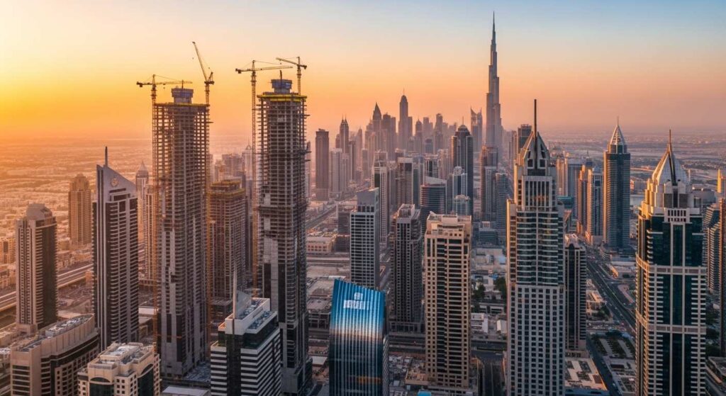 Dubai real estate development showing off-plan construction projects and modern skyscrapers during sunset