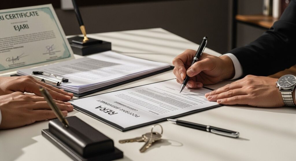 Signing Dubai rental contract with RERA Ejari registration documents and property keys