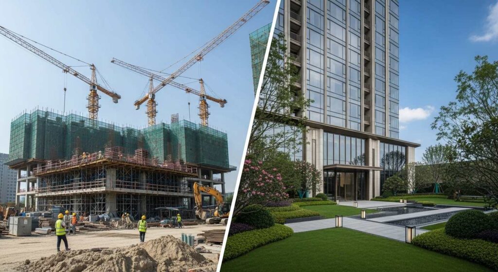 Off-plan property transformation in Dubai from construction phase to completed luxury building showing investment potential