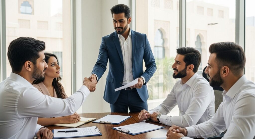 RERA certified real estate broker showing Dubai property documents to clients in modern office
